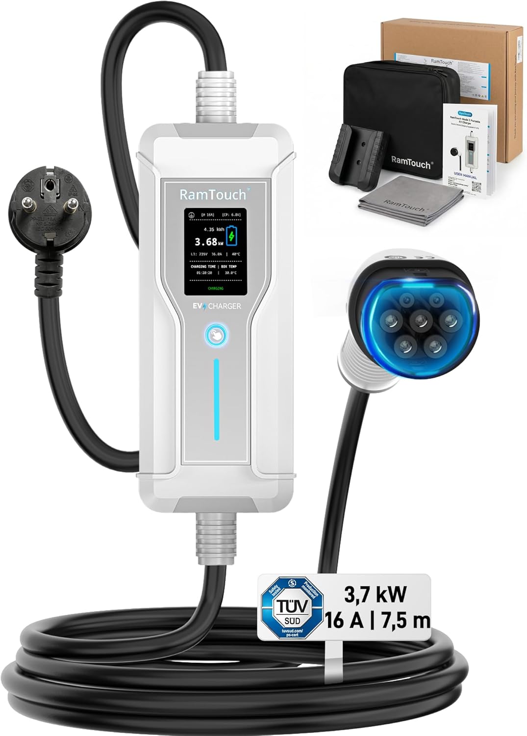 Câble de recharge mode 2 Schuko vers Type 2 - 3,7 kW 16A 7,5 m IP67
