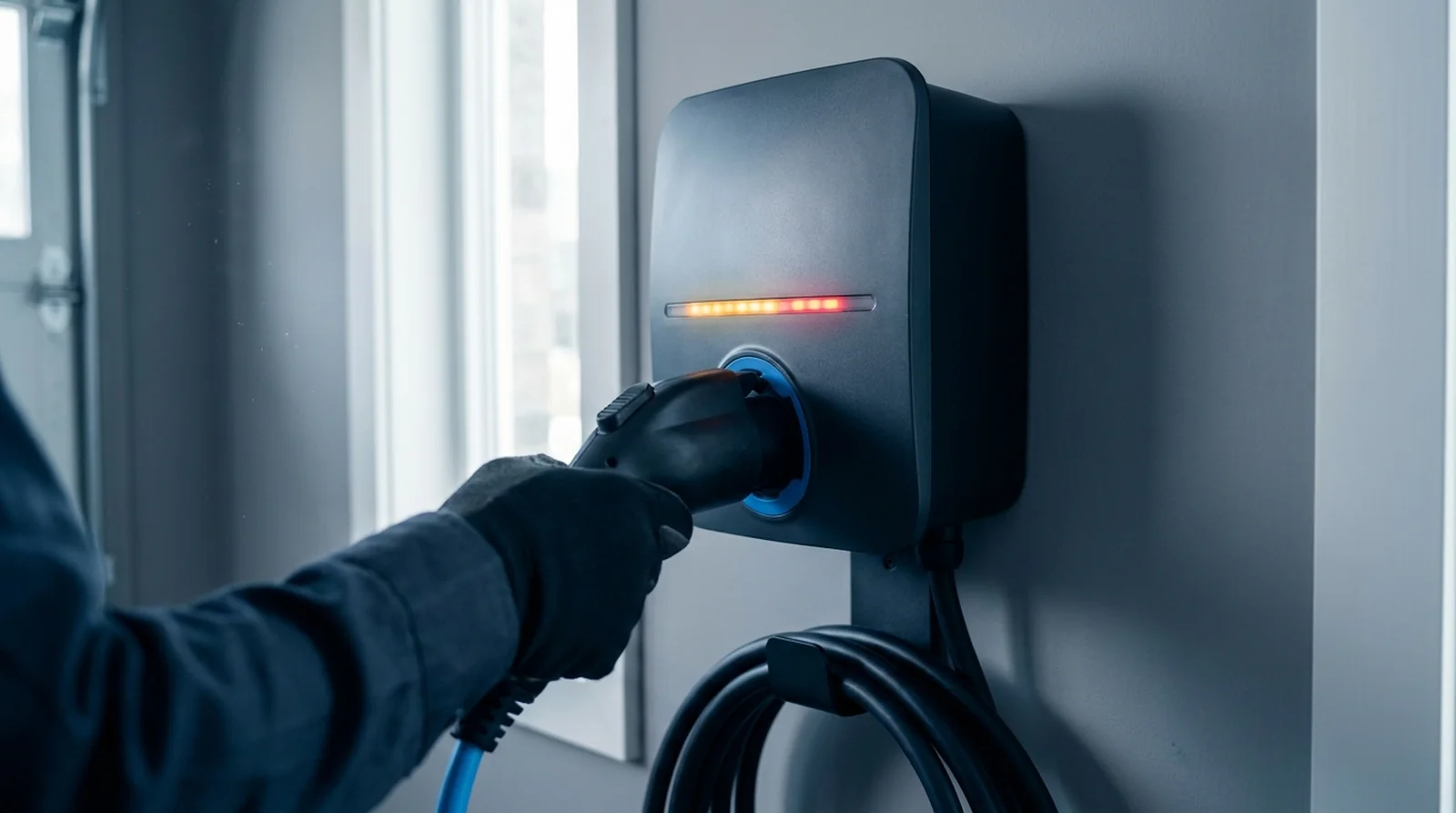 Borne de recharge Easee éteinte dans un parking souterrain, hors ligne