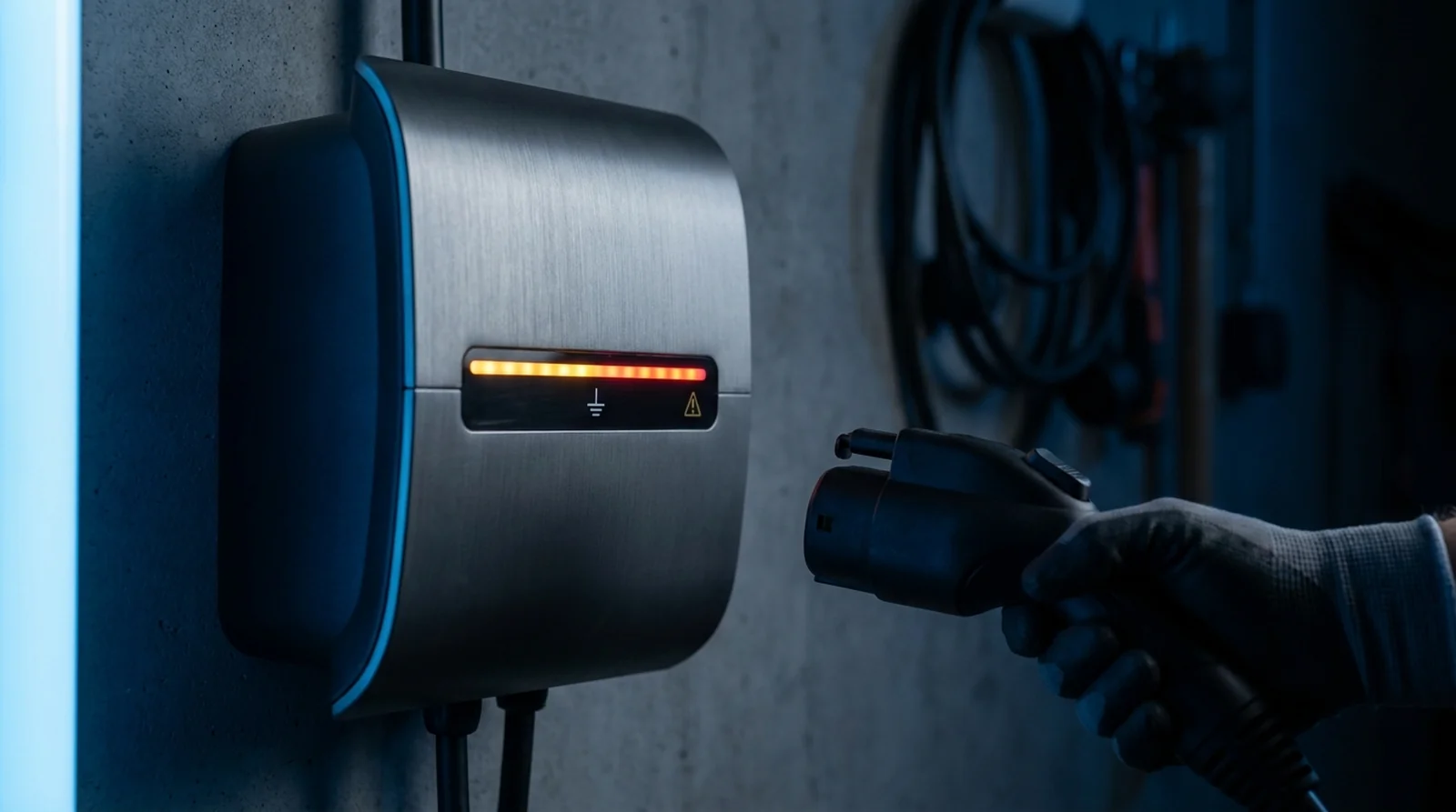 Connecteur Type 2 humide inspecté devant une borne Easee en défaut de terre
