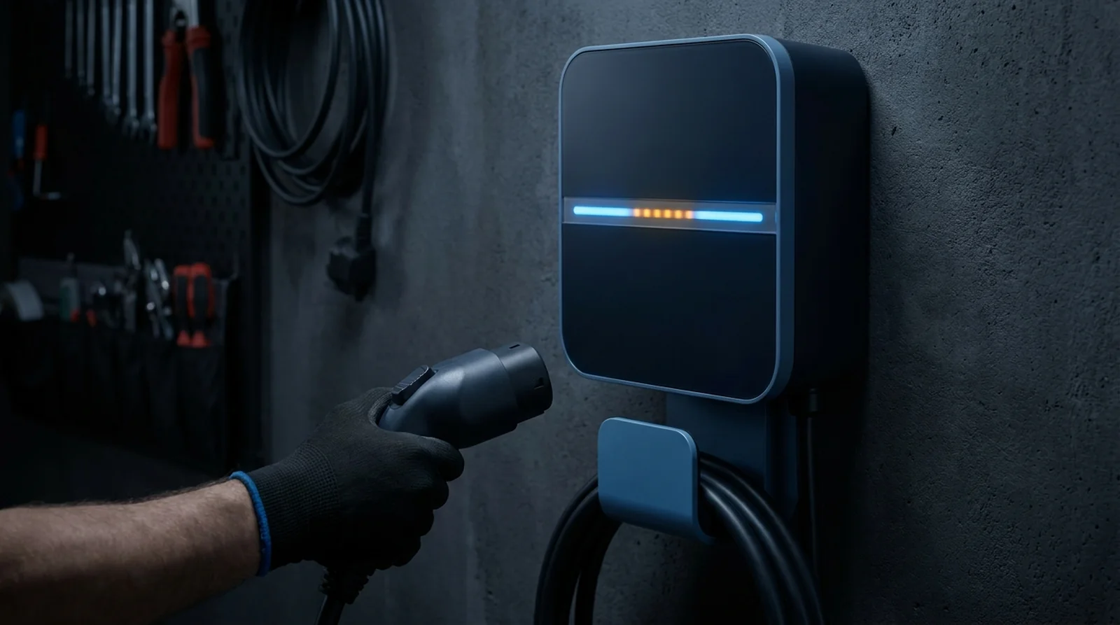 Inspection d'un câble de charge Type 2 devant une borne Easee en défaut d'isolement