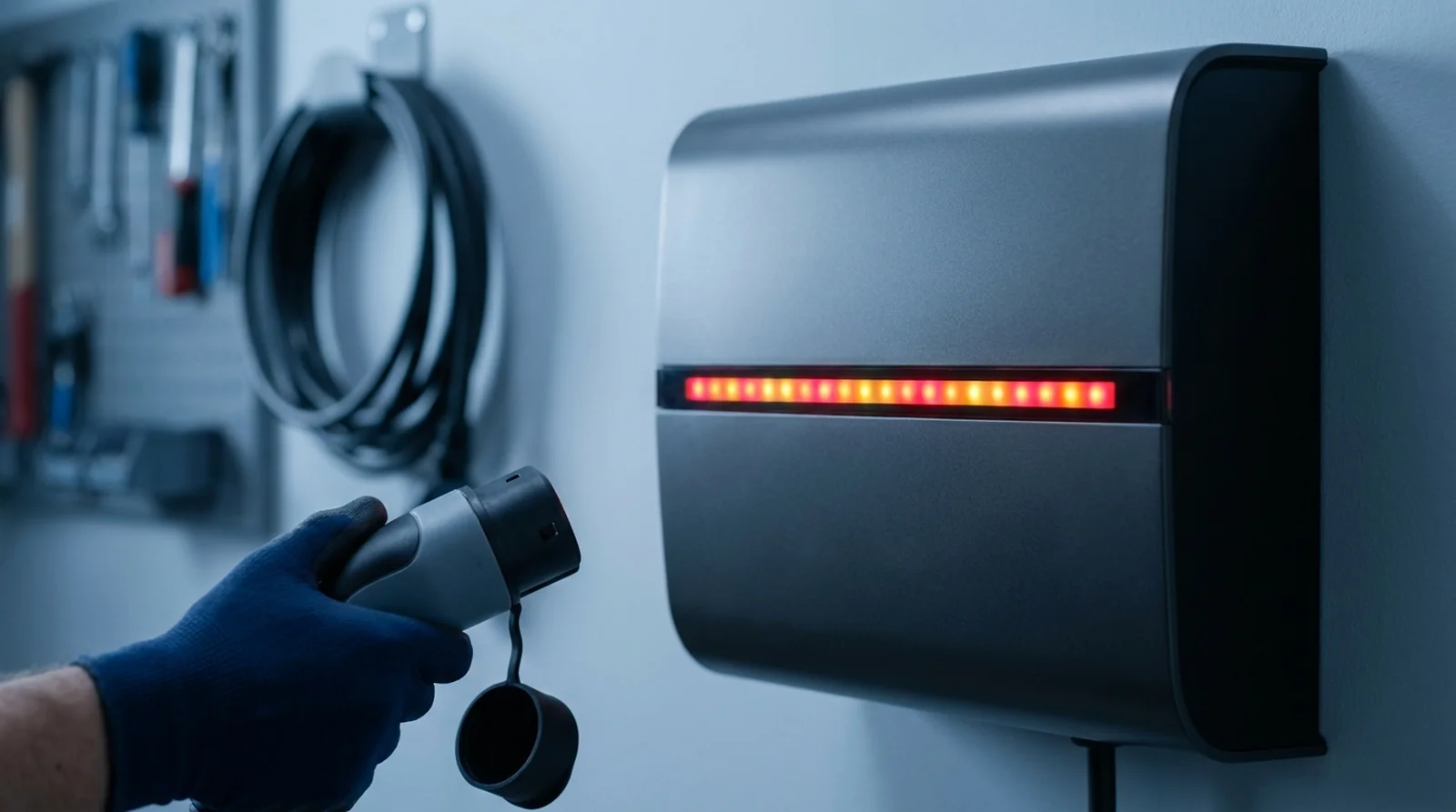 Plusieurs bornes de recharge Easee alignées dans un parking collectif en équilibrage de charge