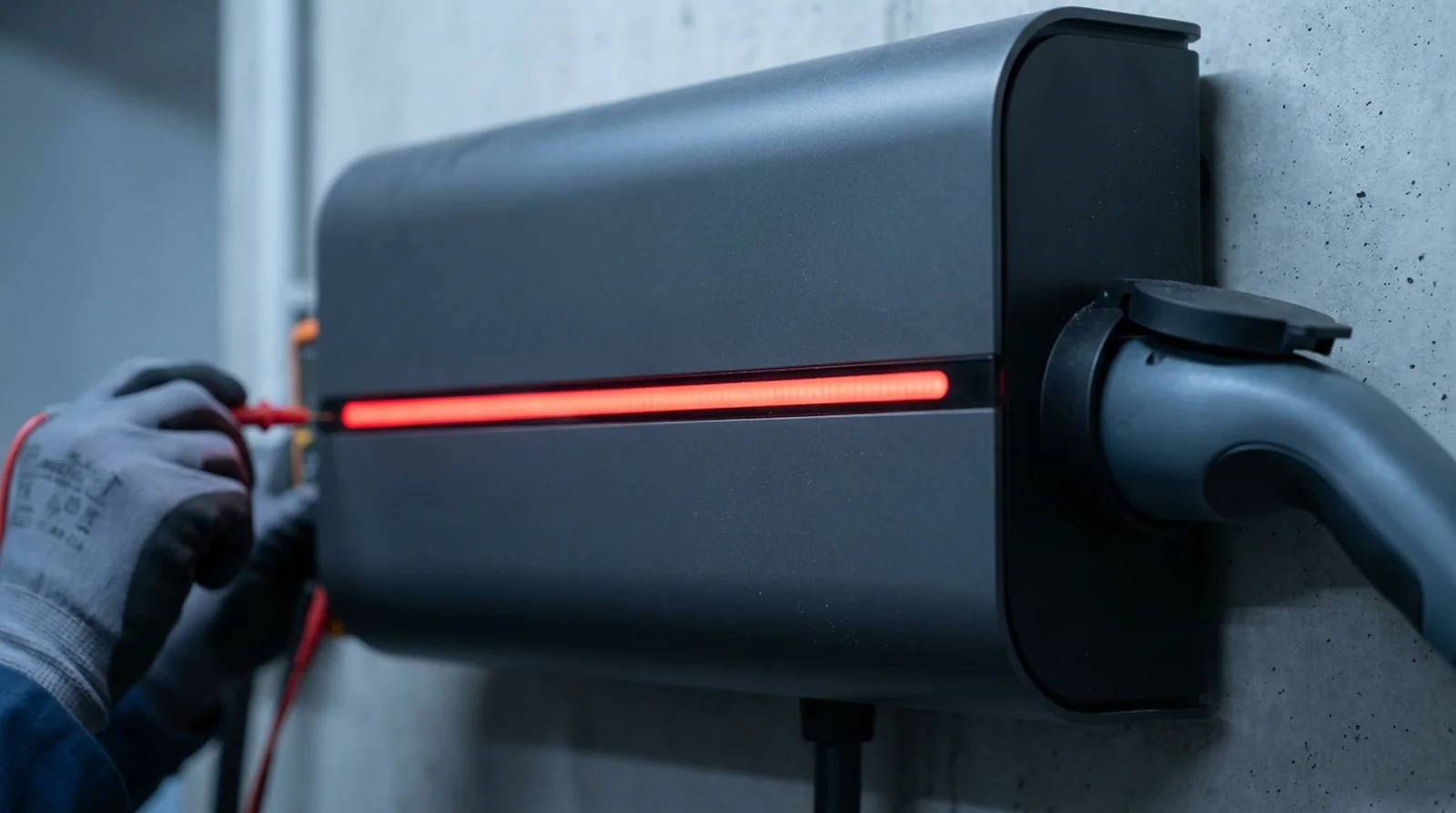 Borne de recharge Easee à bande lumineuse rouge fixe dans un garage résidentiel