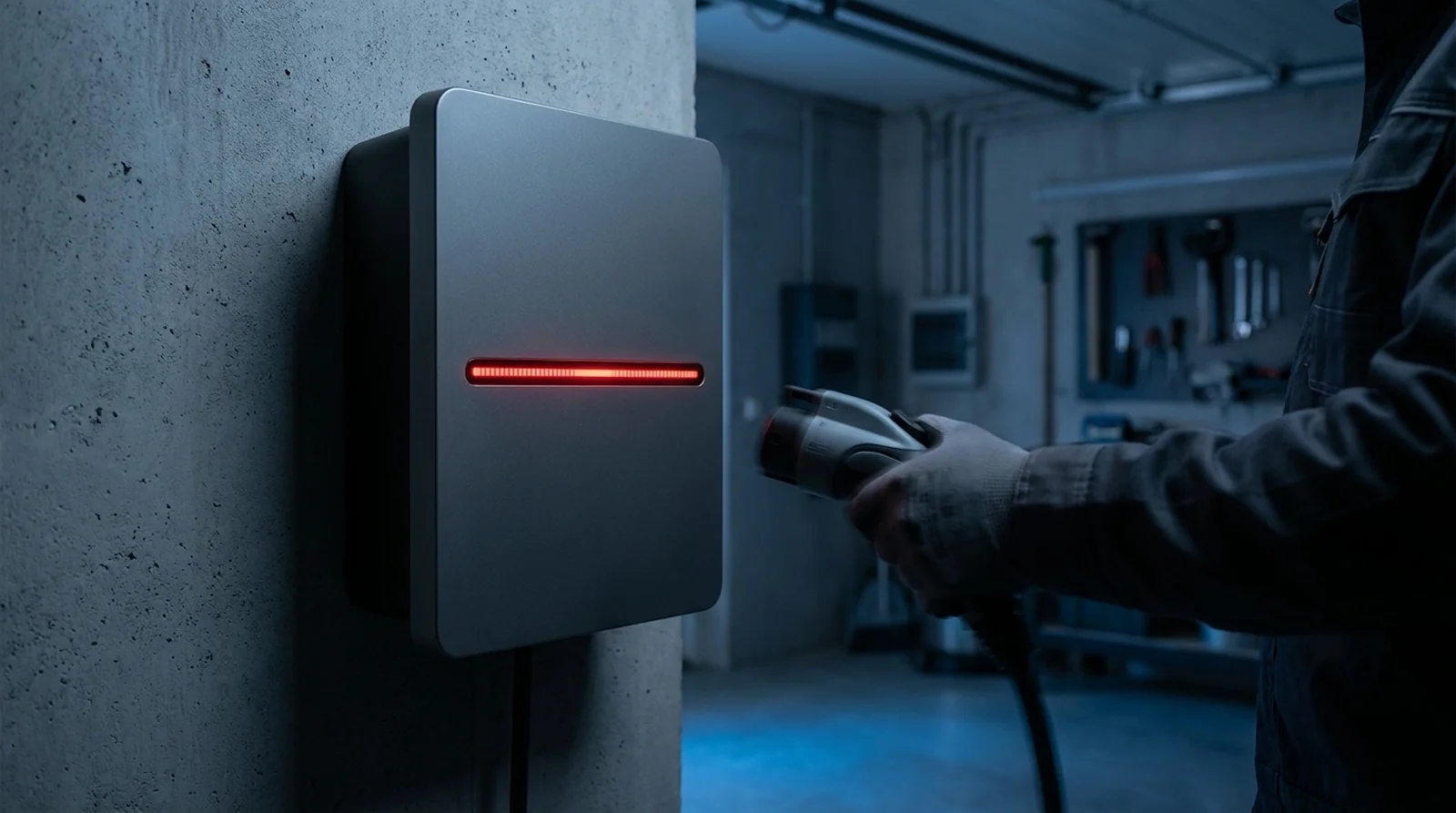 Électricien contrôlant le raccordement au tableau d'une borne de recharge Easee en défaut de câblage