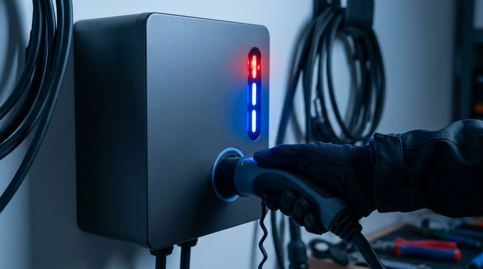 Pouce appuyé sur le bouton sensitif d'une borne Hager witty pour déverrouiller un câble de charge bloqué