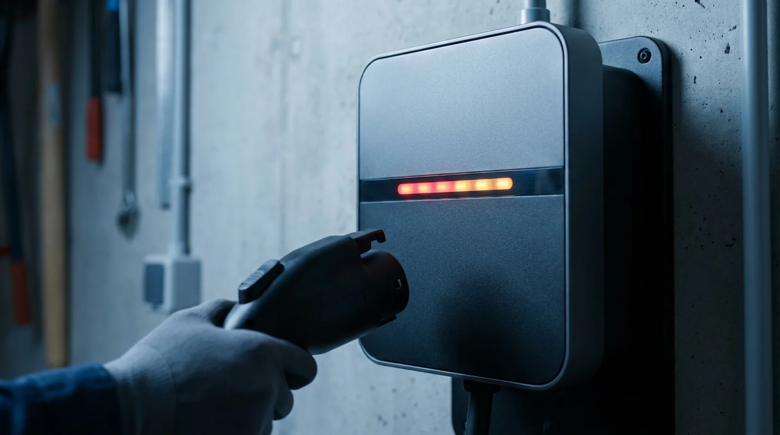 Borne Hager witty en pulsation rouge, chargeant en mode dégradé limité à 7 ampères