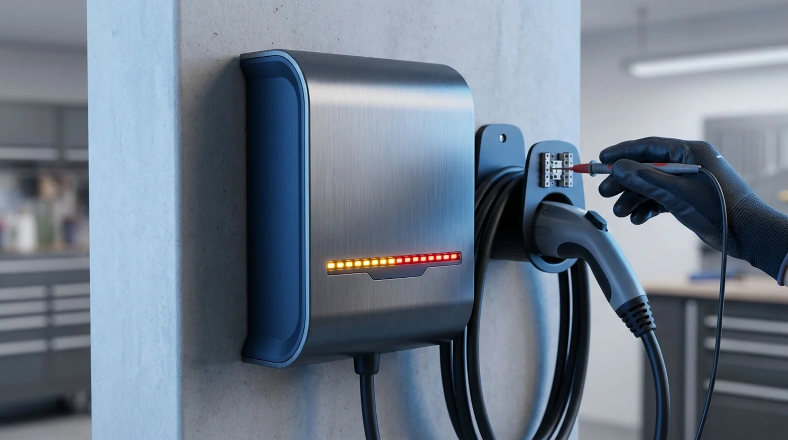 Tableau électrique et borne Hager witty signalant un délestage trop fréquent par cinq clignotements rouges