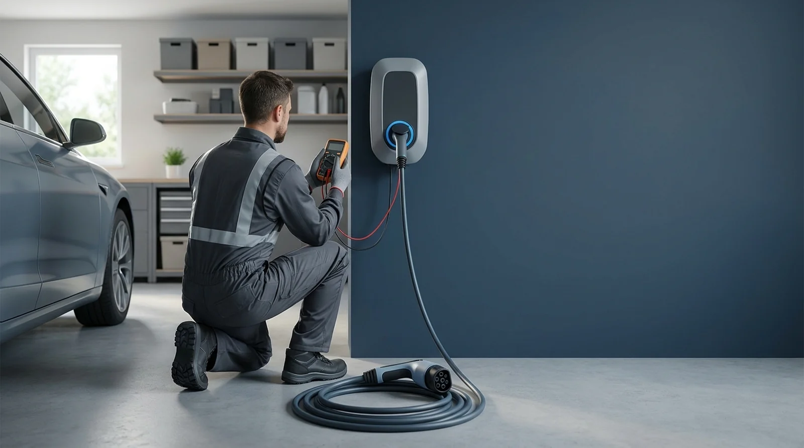 Technicien IRVE diagnostiquant une borne de recharge pour véhicule électrique