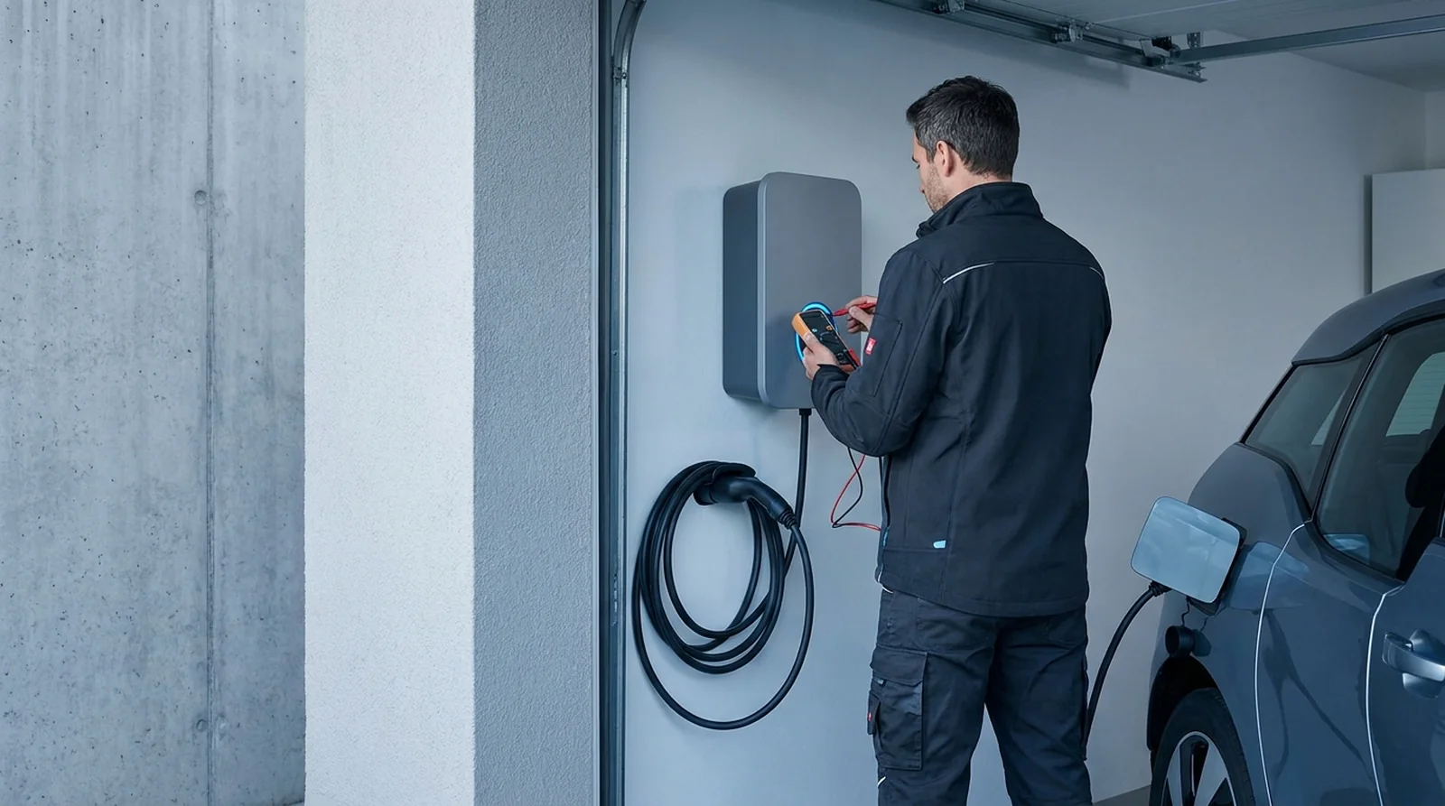 Borne de recharge murale et véhicule électrique dans un garage, situation de panne