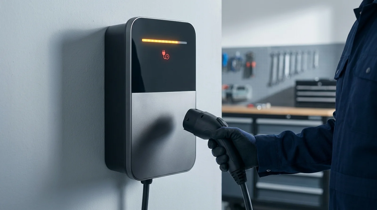 Bandeau de voyants blancs défilant sur une borne Legrand Green'up en attente de charge