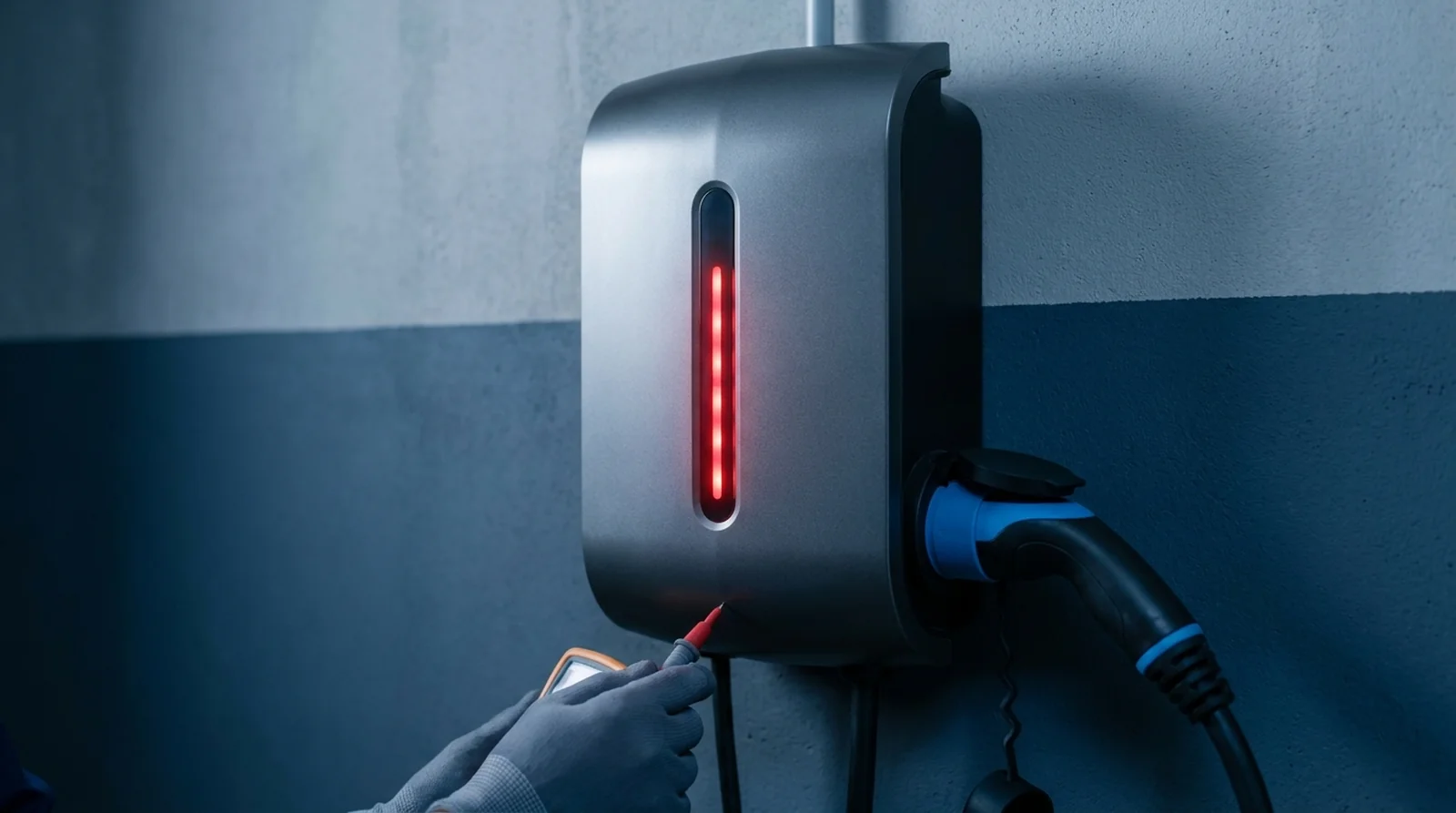 Borne de recharge Legrand Green'up éteinte et tableau électrique avec protection déclenchée