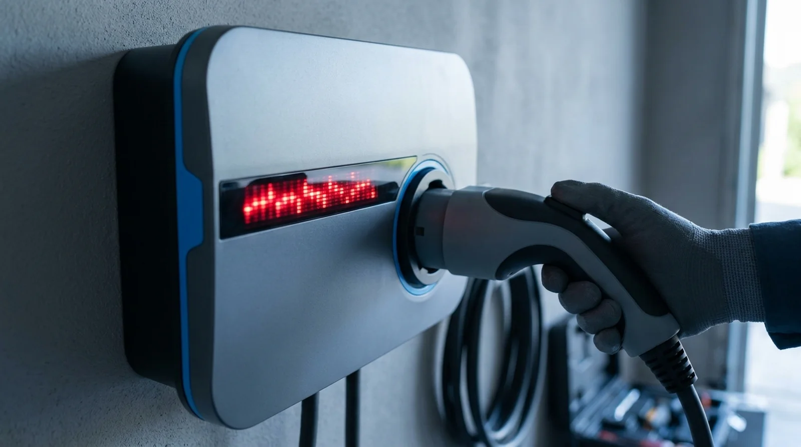 Connecteur Type 2 partiellement inséré dans une borne Legrand Green'up au bandeau blanc fixe