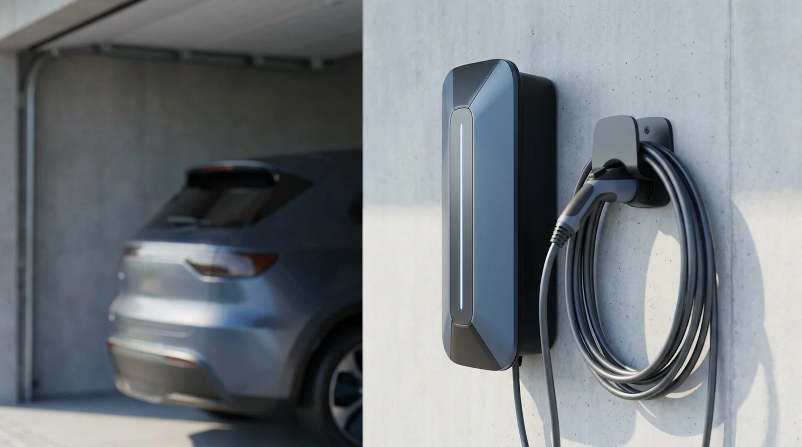 Borne de recharge Schneider EVlink Wallbox avec son voyant d'état et son bouton de commande