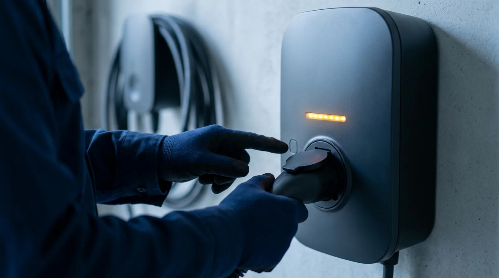 Bouton de déverrouillage de la prise sur une borne de recharge Schneider EVlink Wallbox