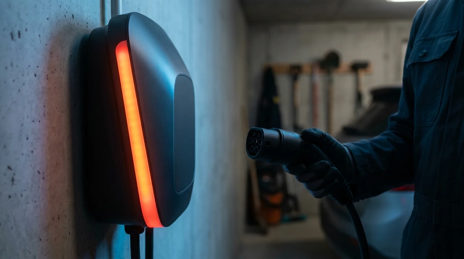 Main coupant le disjoncteur d'une borne Schneider EVlink au voyant rouge clignotant