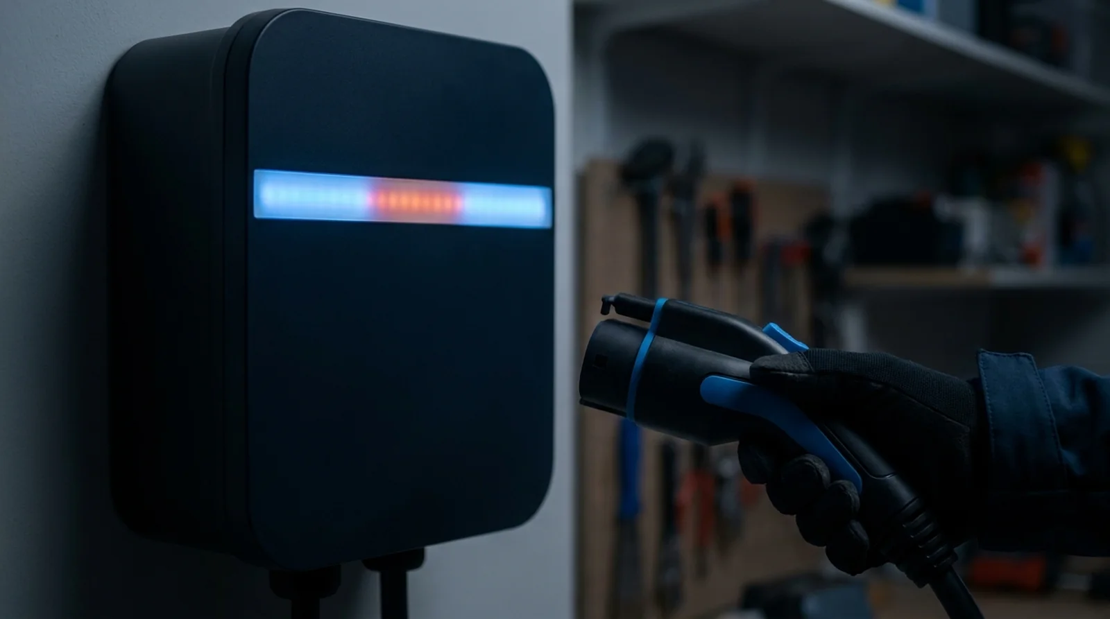 Borne de recharge Schneider EVlink Wallbox au voyant d'état rouge fixe