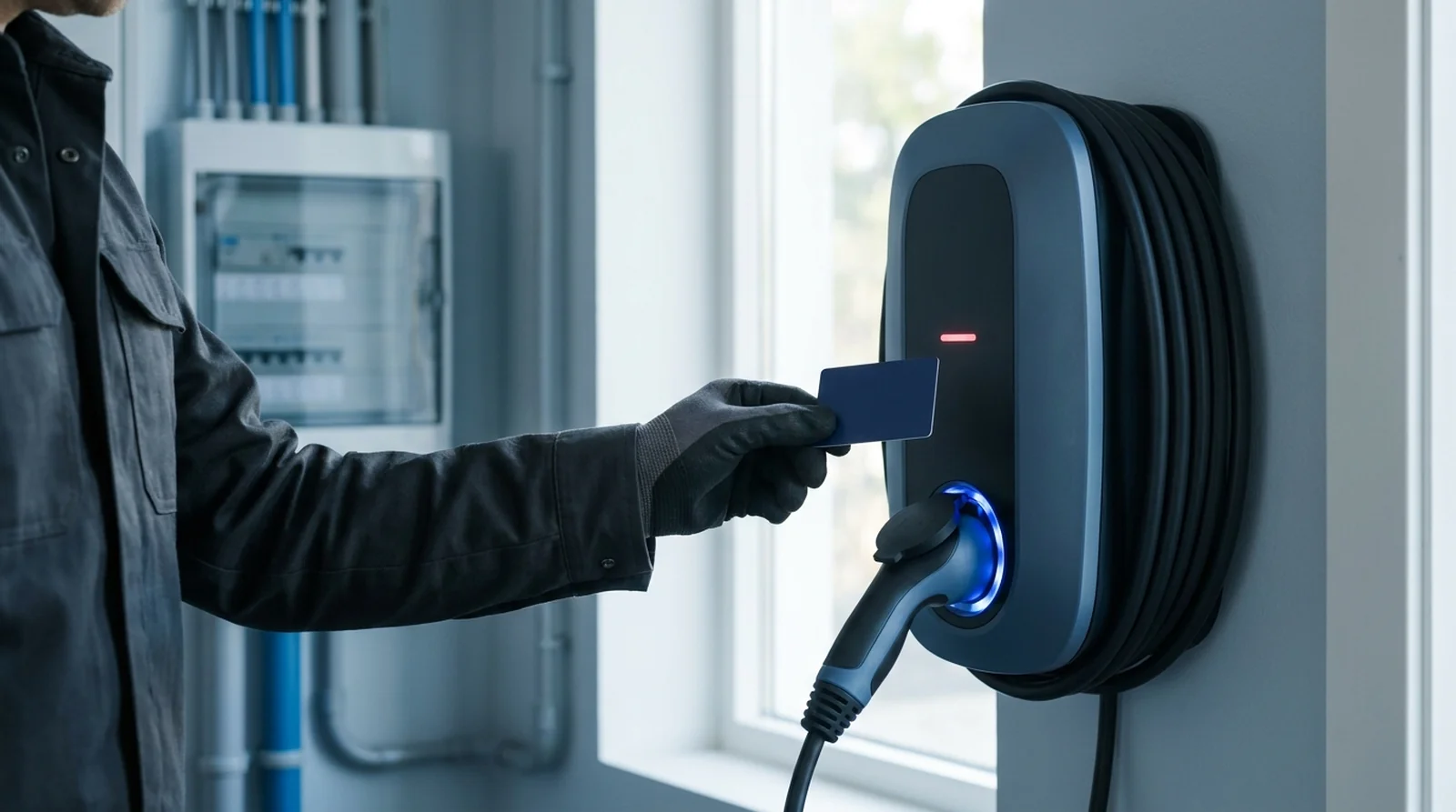 Badge RFID présenté devant la zone de lecture d'une borne de recharge murale