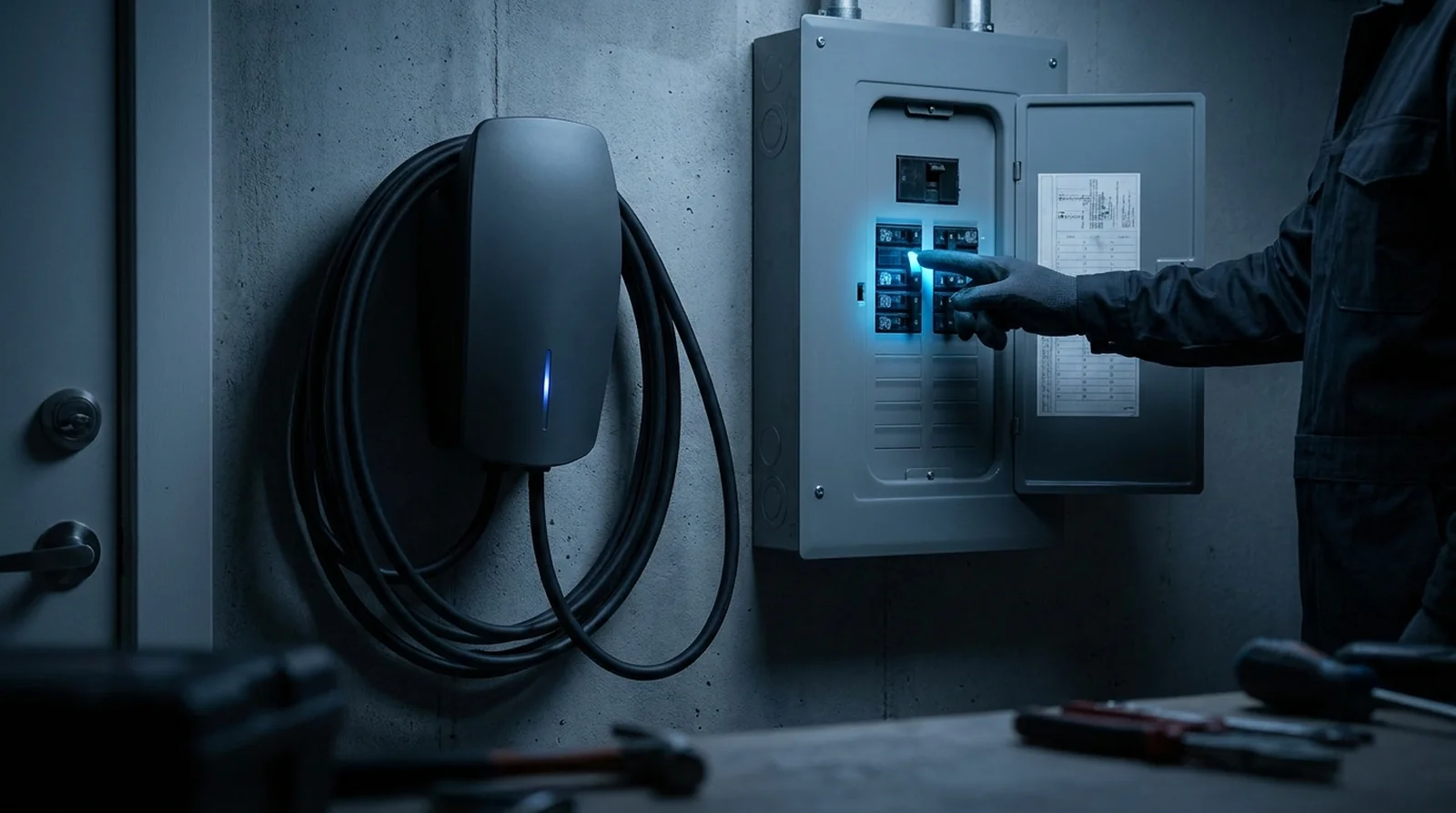 Tableau électrique avec disjoncteur différentiel déclenché sur le circuit d'une borne de recharge