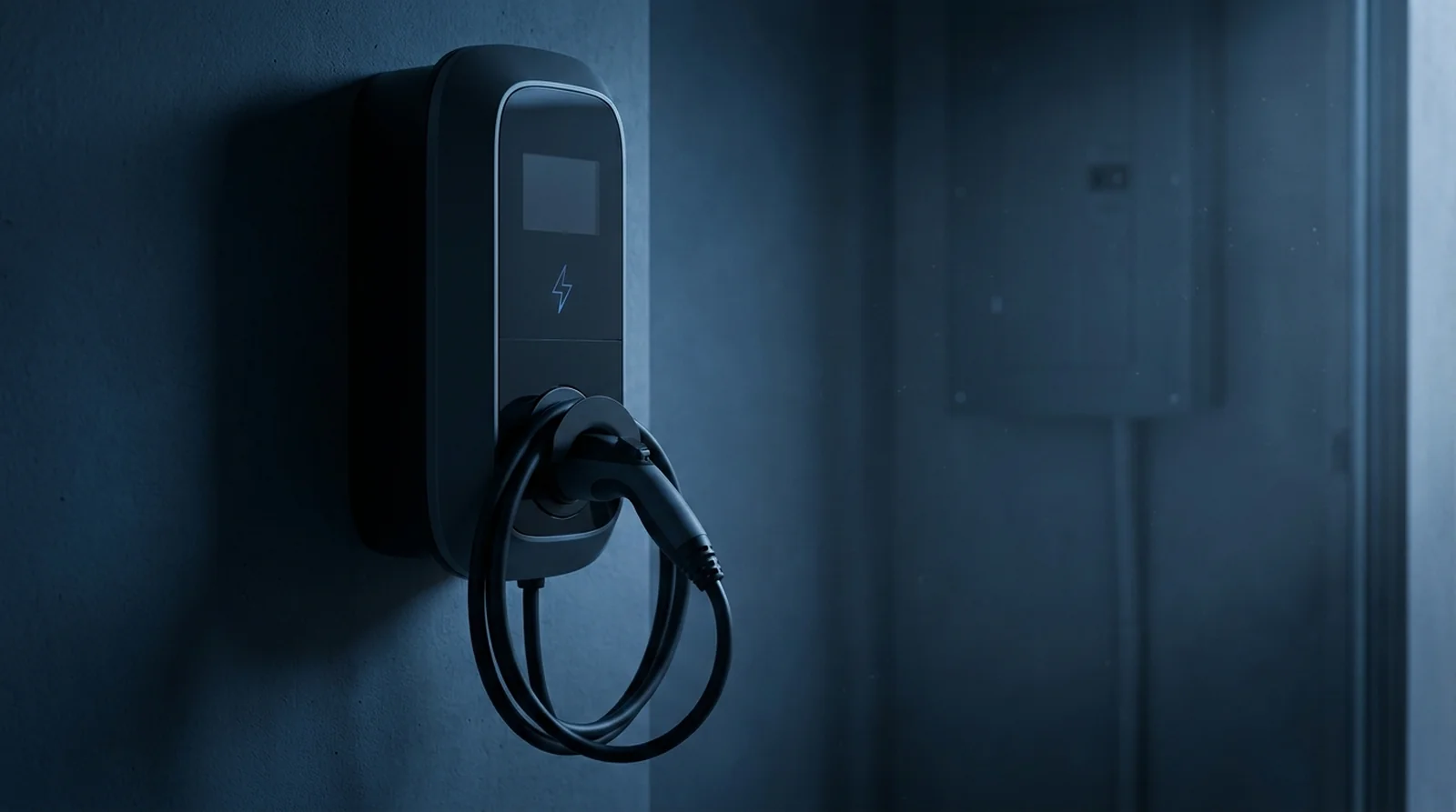 Borne de recharge extérieure éteinte après un orage, ciel d'orage en arrière-plan