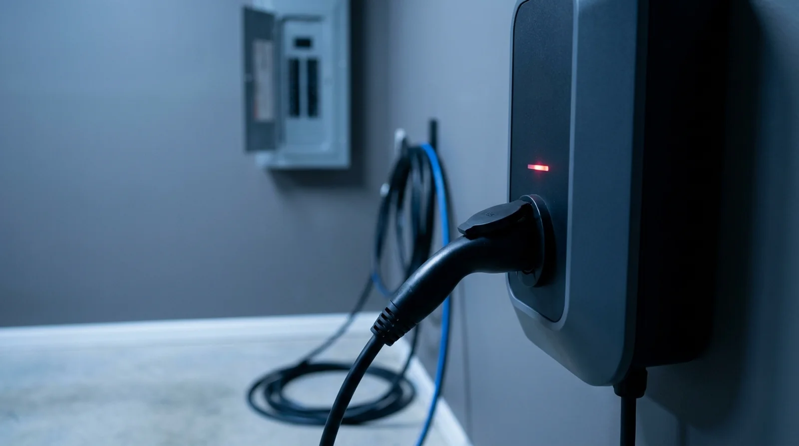 Borne de recharge murale au voyant rouge allumé dans un garage résidentiel