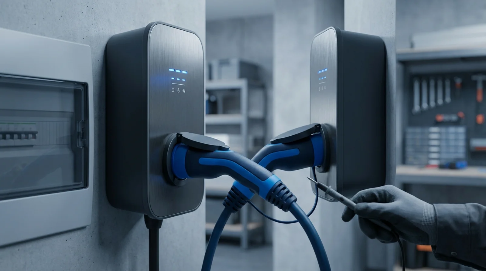 Câble de recharge Type 2 verrouillé dans la prise d'une borne murale, main tenant le connecteur