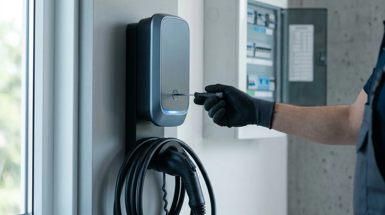 Main réarmant le disjoncteur dédié d'une borne de recharge dans un tableau électrique résidentiel