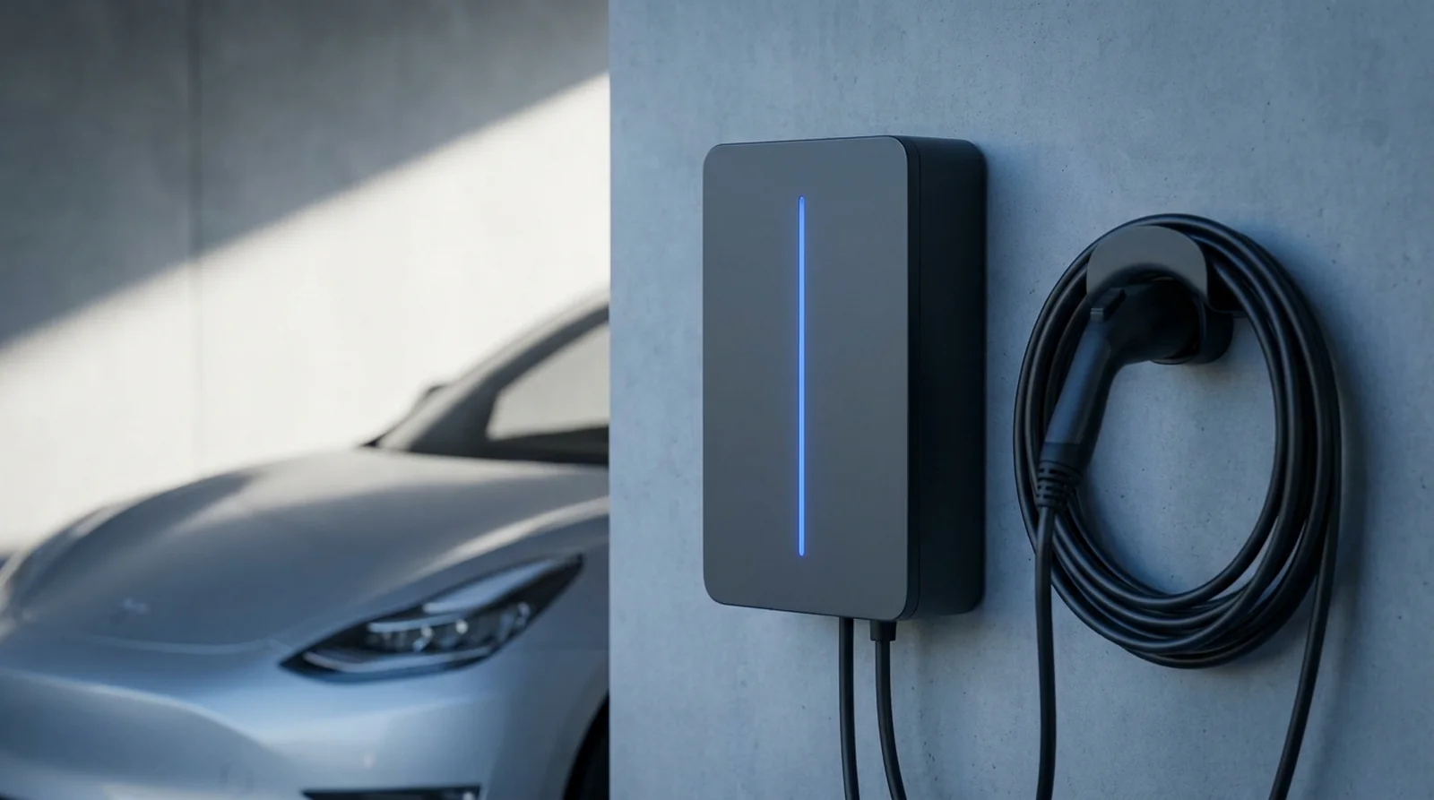 Borne de recharge Tesla Wall Connector avec son bandeau lumineux vertical de sept LED