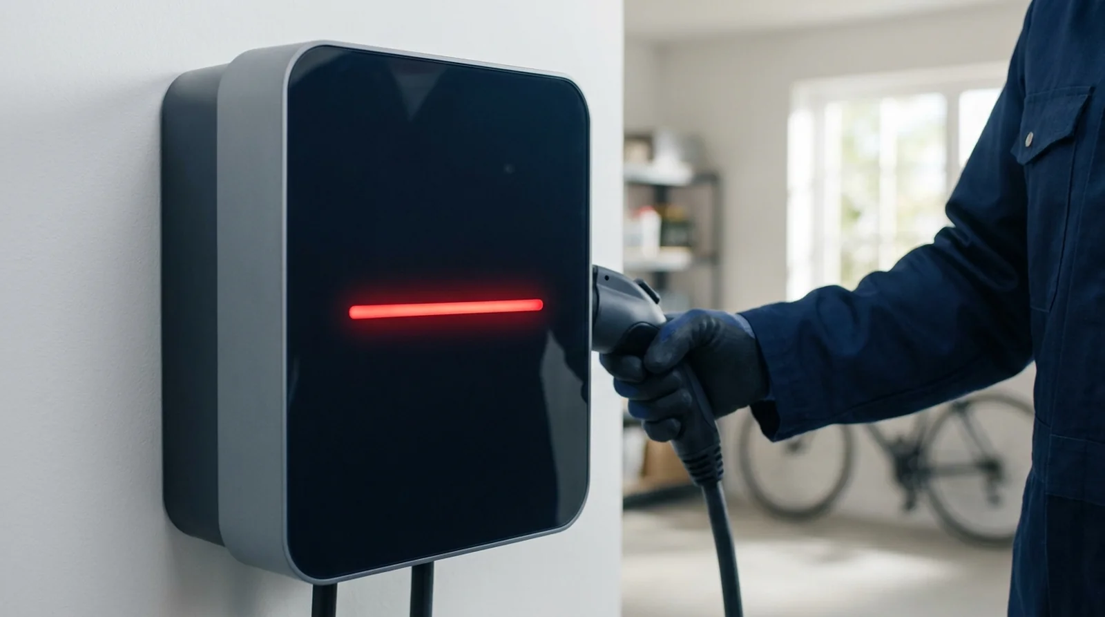 Tesla Wall Connector neuf au bandeau jaune fixe, en attente de mise en service