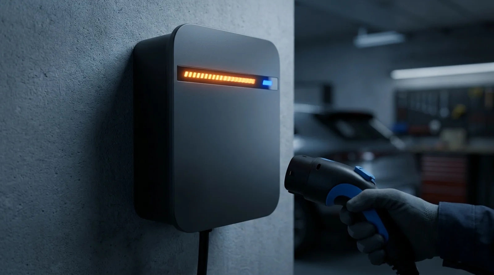 Poignée de charge Tesla inspectée devant un Wall Connector signalant un défaut de terre
