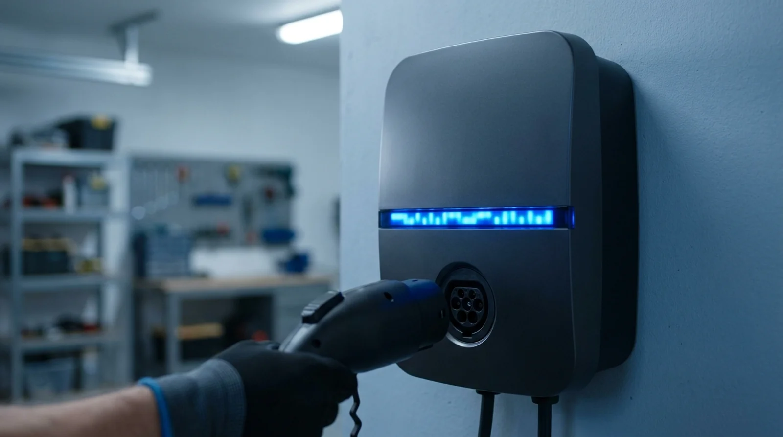 Plusieurs Tesla Wall Connector alignés dans un parking collectif en gestion de puissance