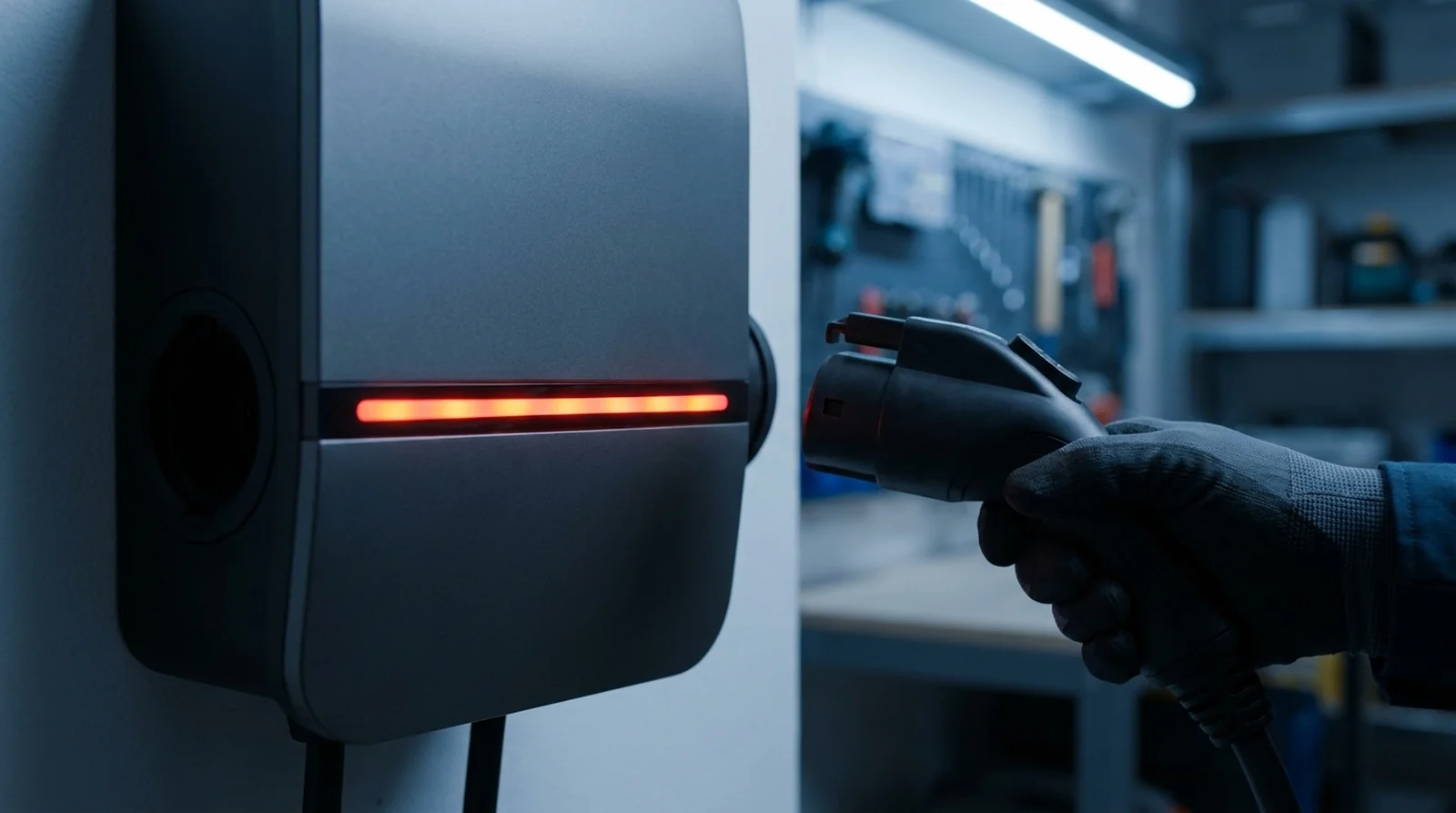 Véhicule électrique branché à un Tesla Wall Connector signalant une surintensité