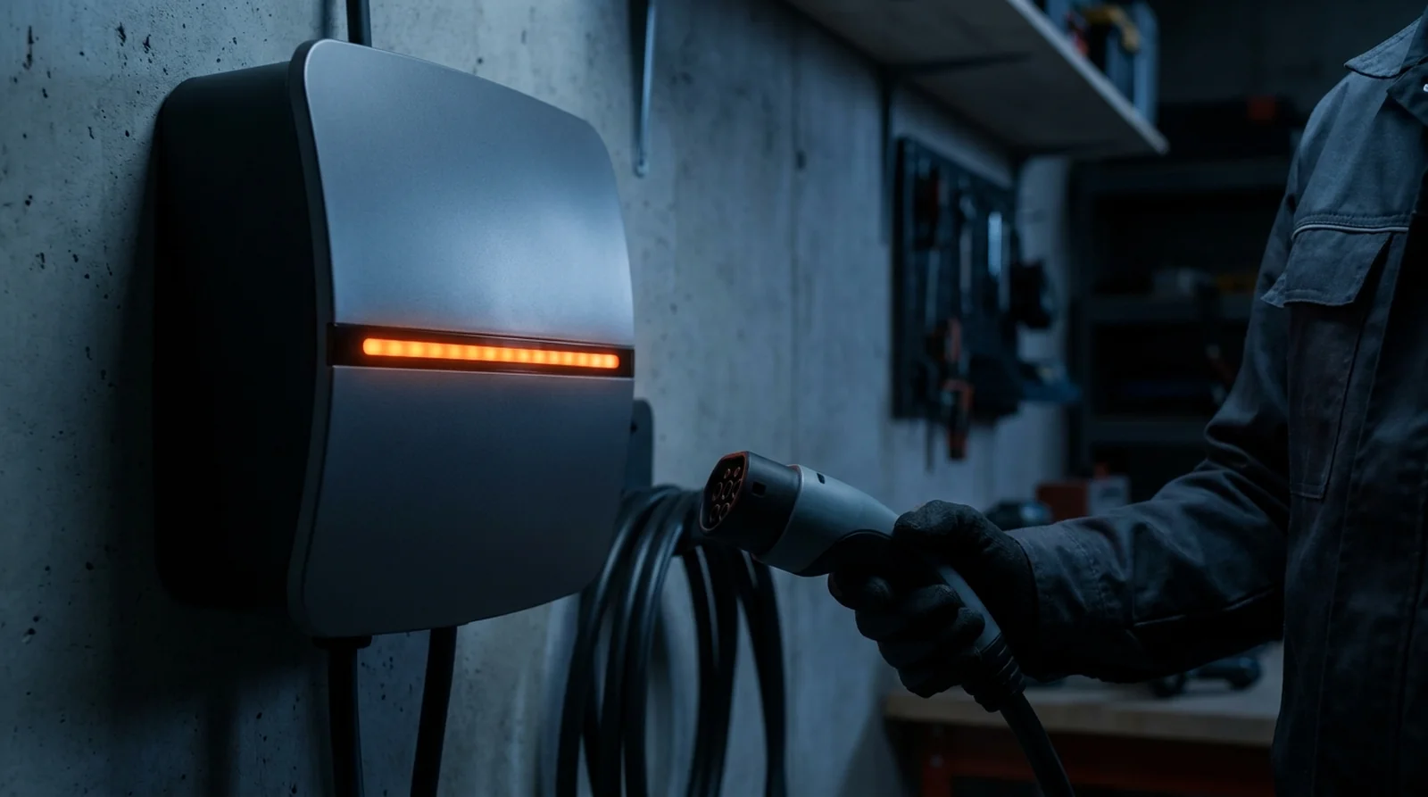 Bandeau lumineux rouge fixe sur un Tesla Wall Connector installé dans un garage