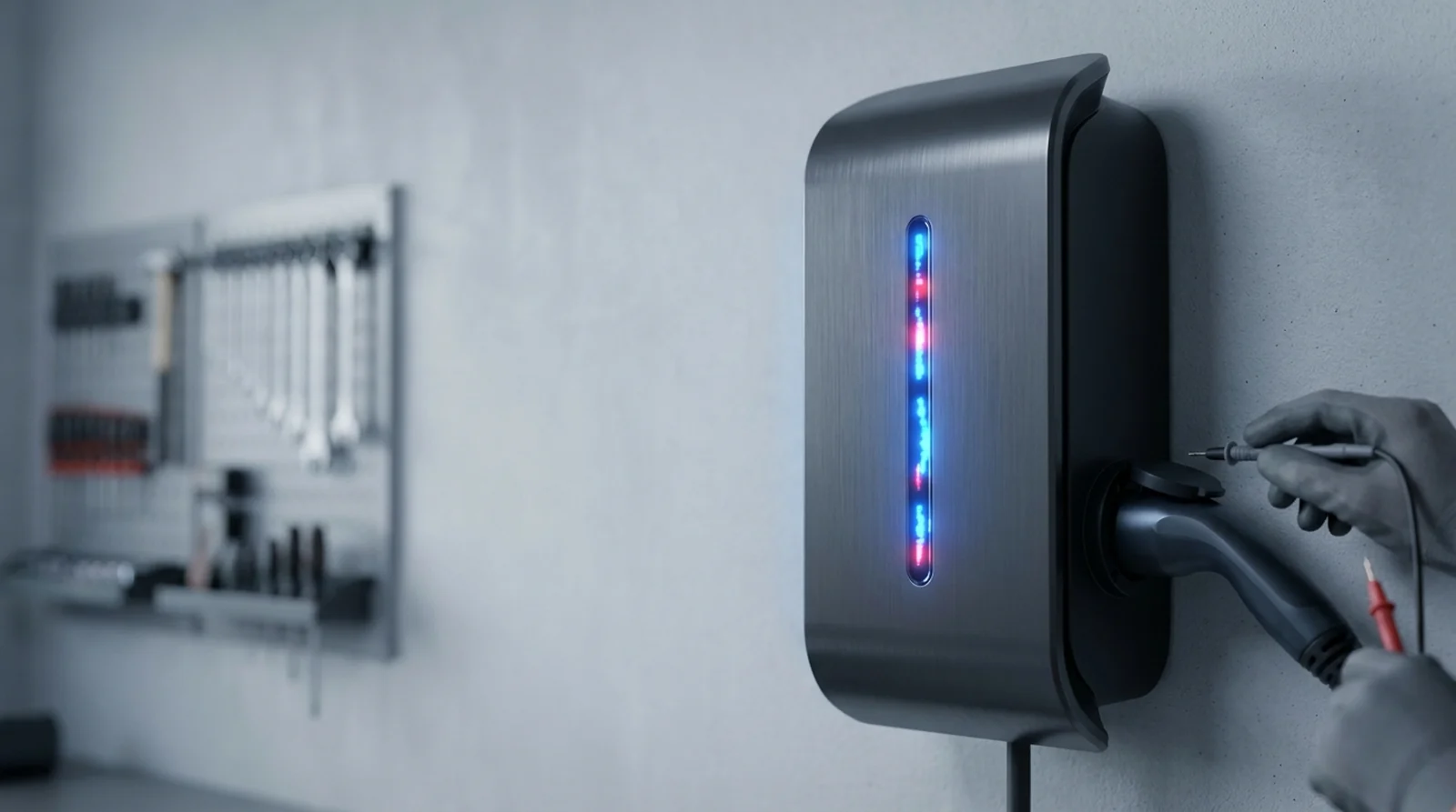Connecteur Type 2 humide devant une borne Wallbox Pulsar en défaut de signal de pilotage