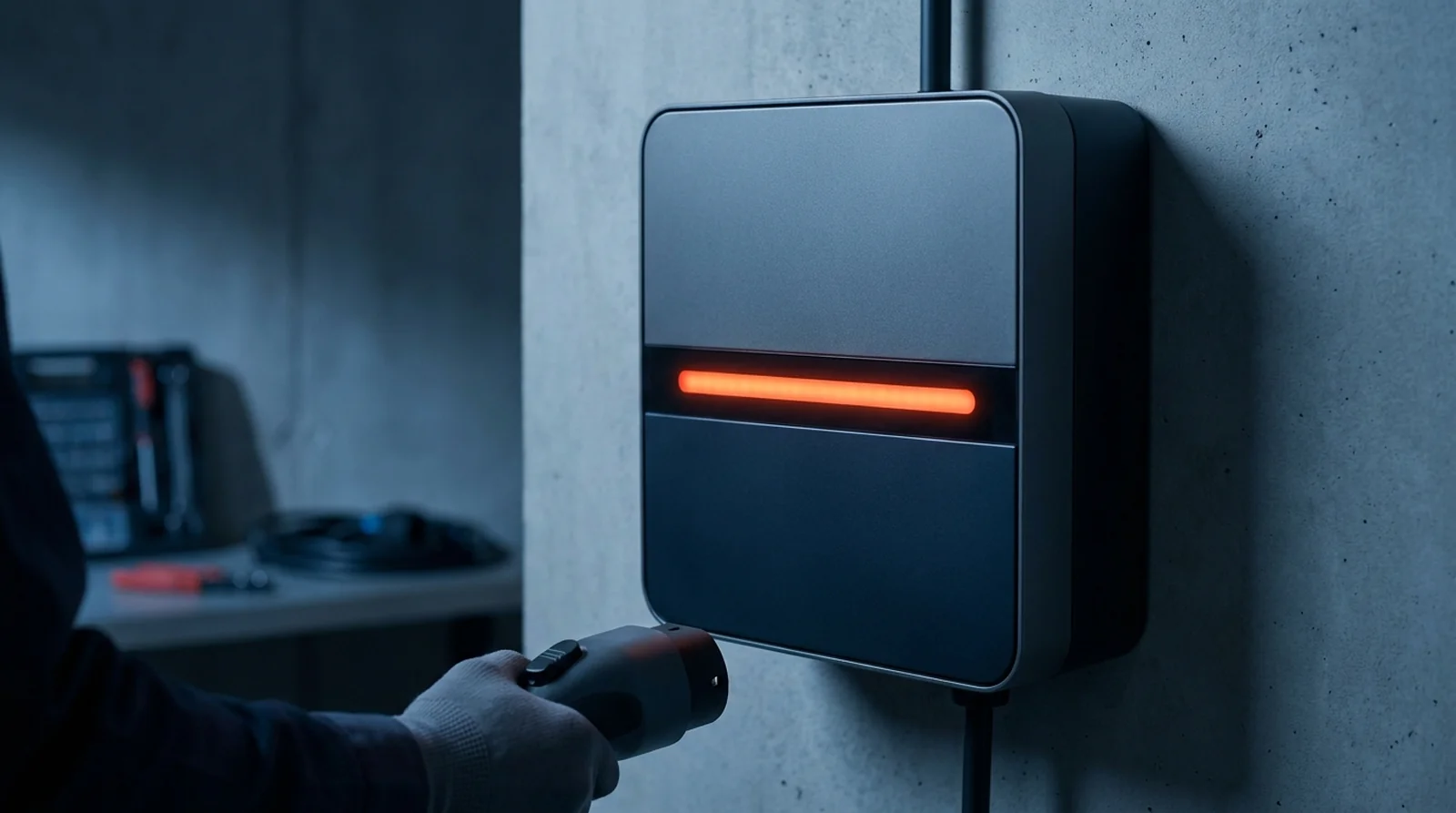 Connecteur Type 2 inséré dans une borne Wallbox Pulsar dont le verrouillage a échoué