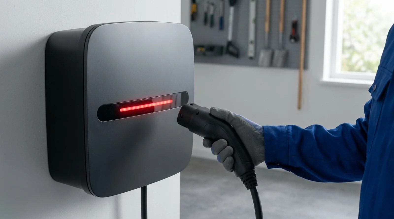 Borne de recharge Wallbox Pulsar au voyant jaune fixe indiquant un chargeur verrouillé