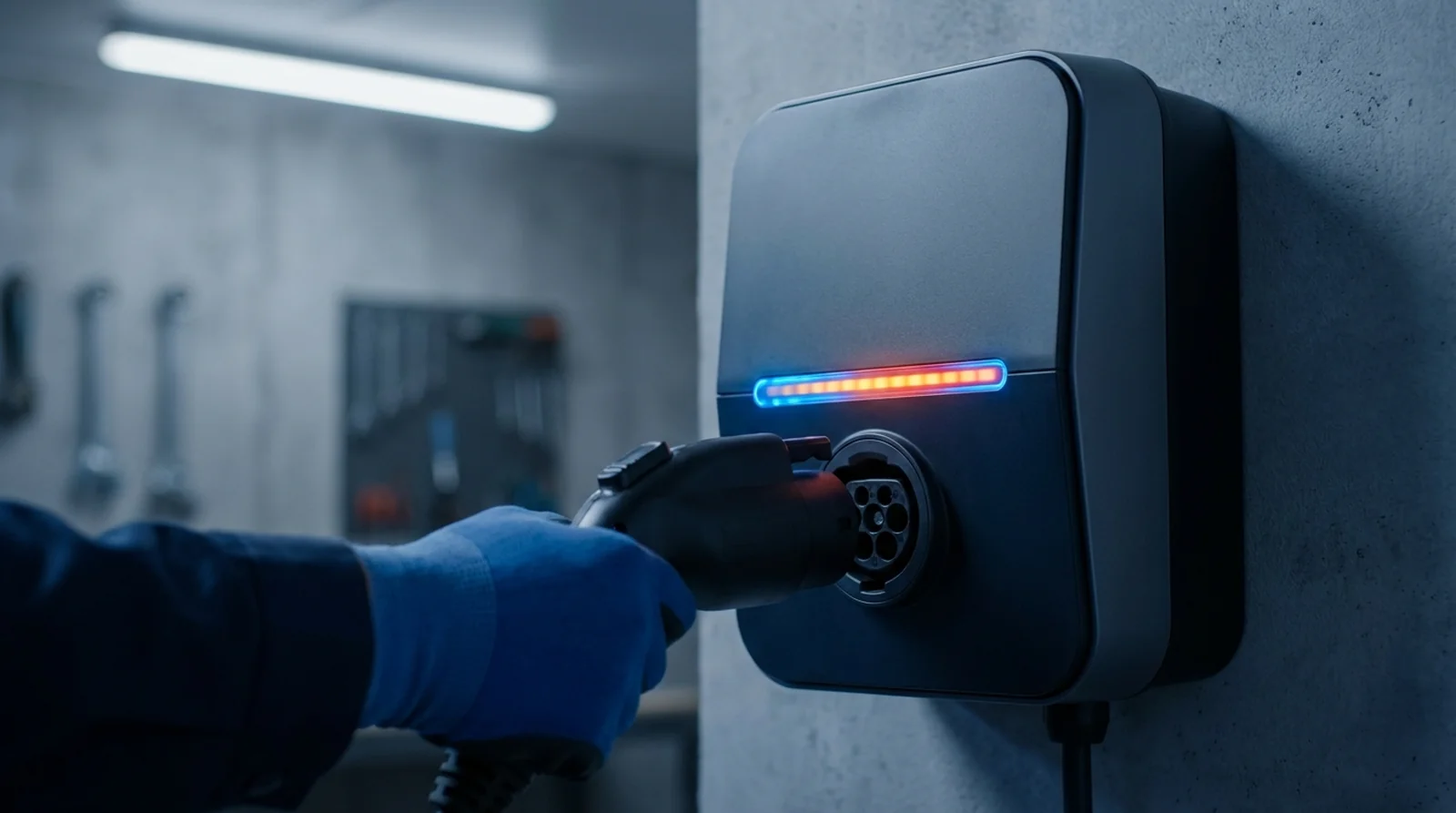 Borne Wallbox Pulsar Plus au voyant orange clignotant et compteur d'énergie au tableau