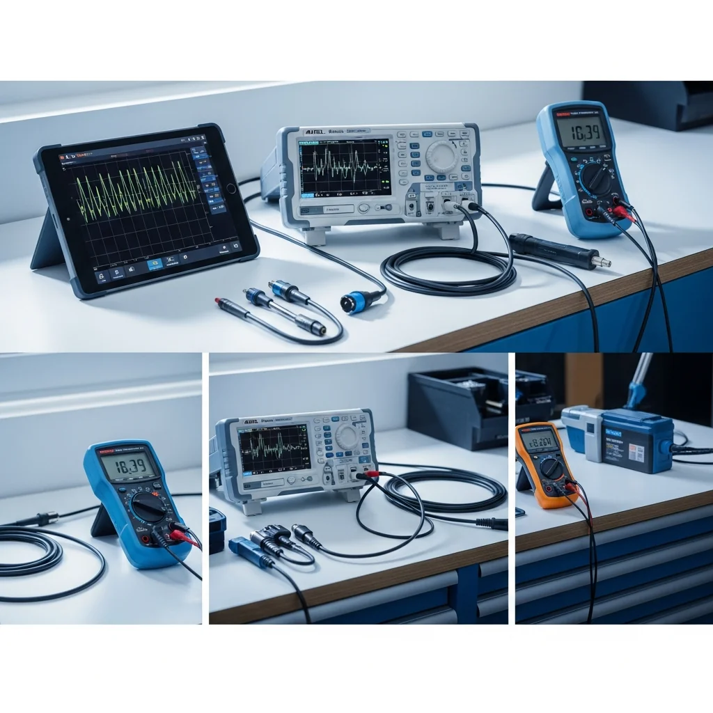 Équipement professionnel de diagnostic automobile : tablette Autel, oscilloscope et câbles OBD