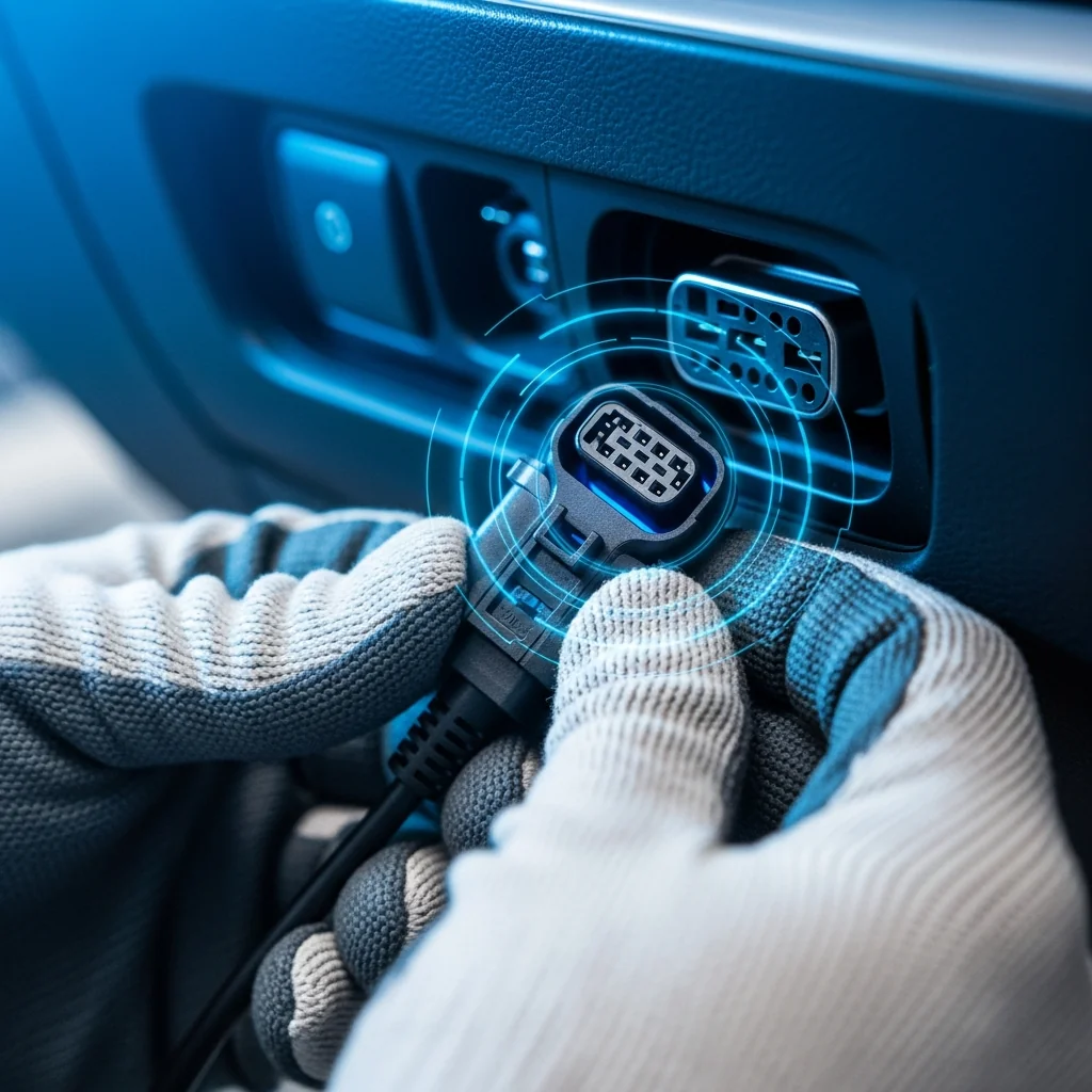 Branchement du connecteur OBD-II sous le tableau de bord d'un véhicule pour diagnostic électronique