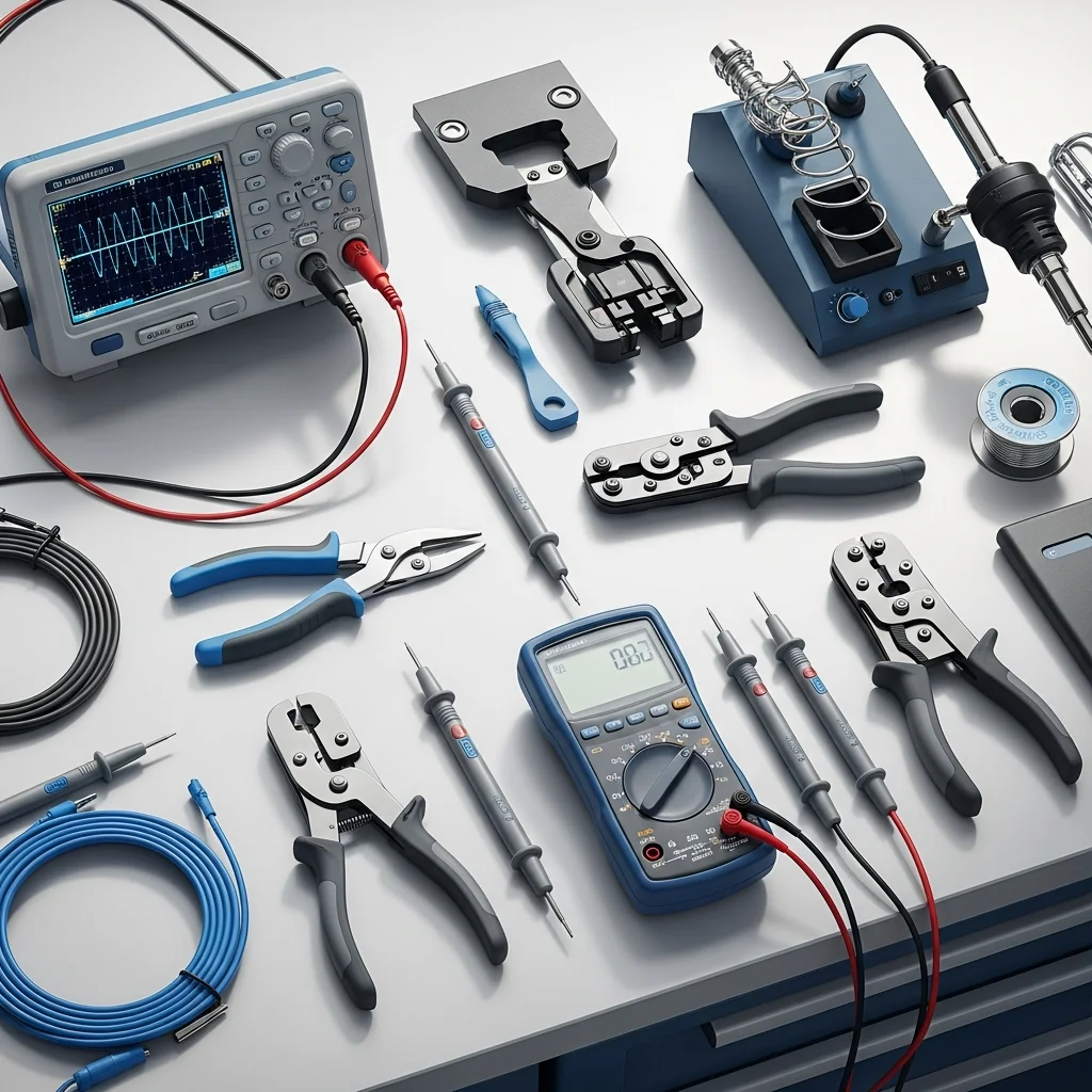 Outils professionnels d'électricien automobile : oscilloscope, multimètre, pinces à sertir