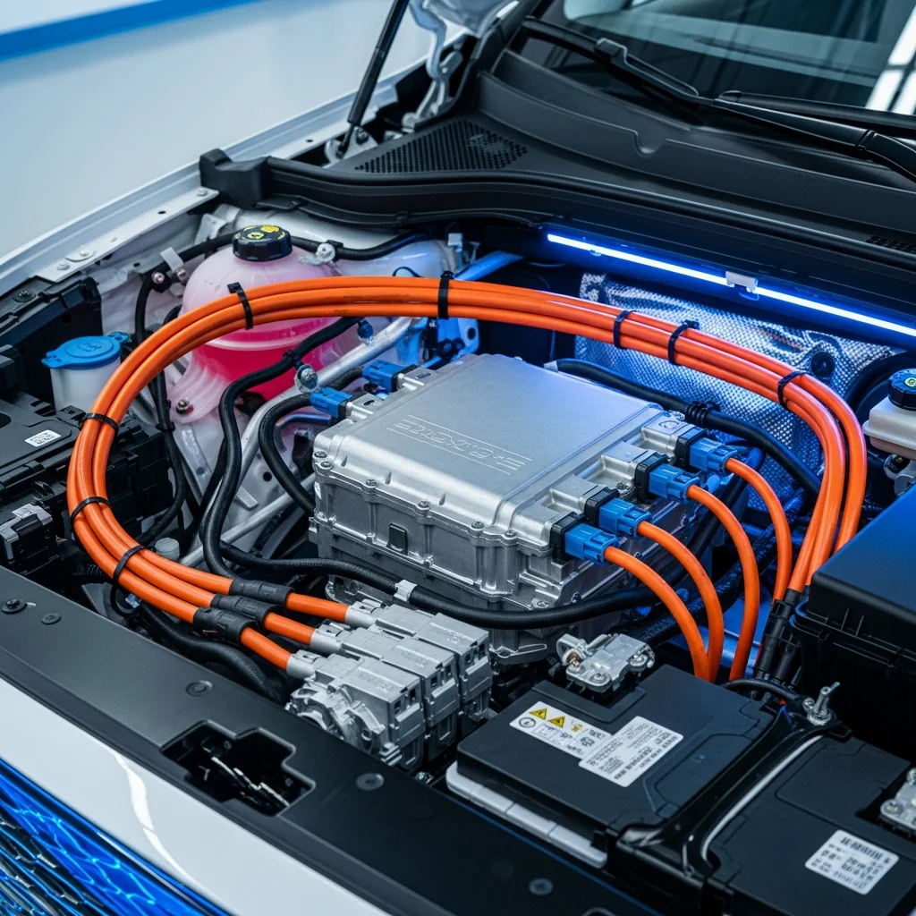Compartiment moteur d'un véhicule électrique avec câbles haute tension et contrôleur