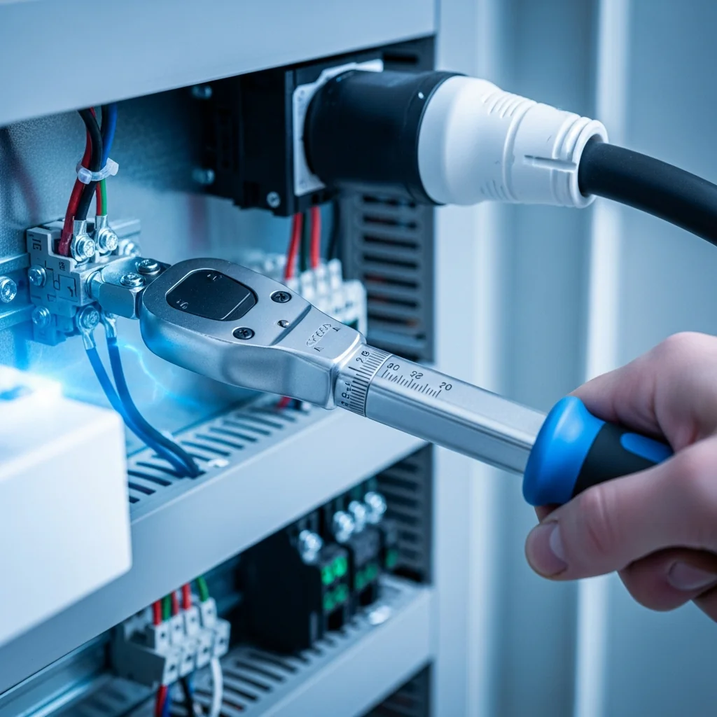 Serrage au couple des connexions electriques d'une borne de recharge