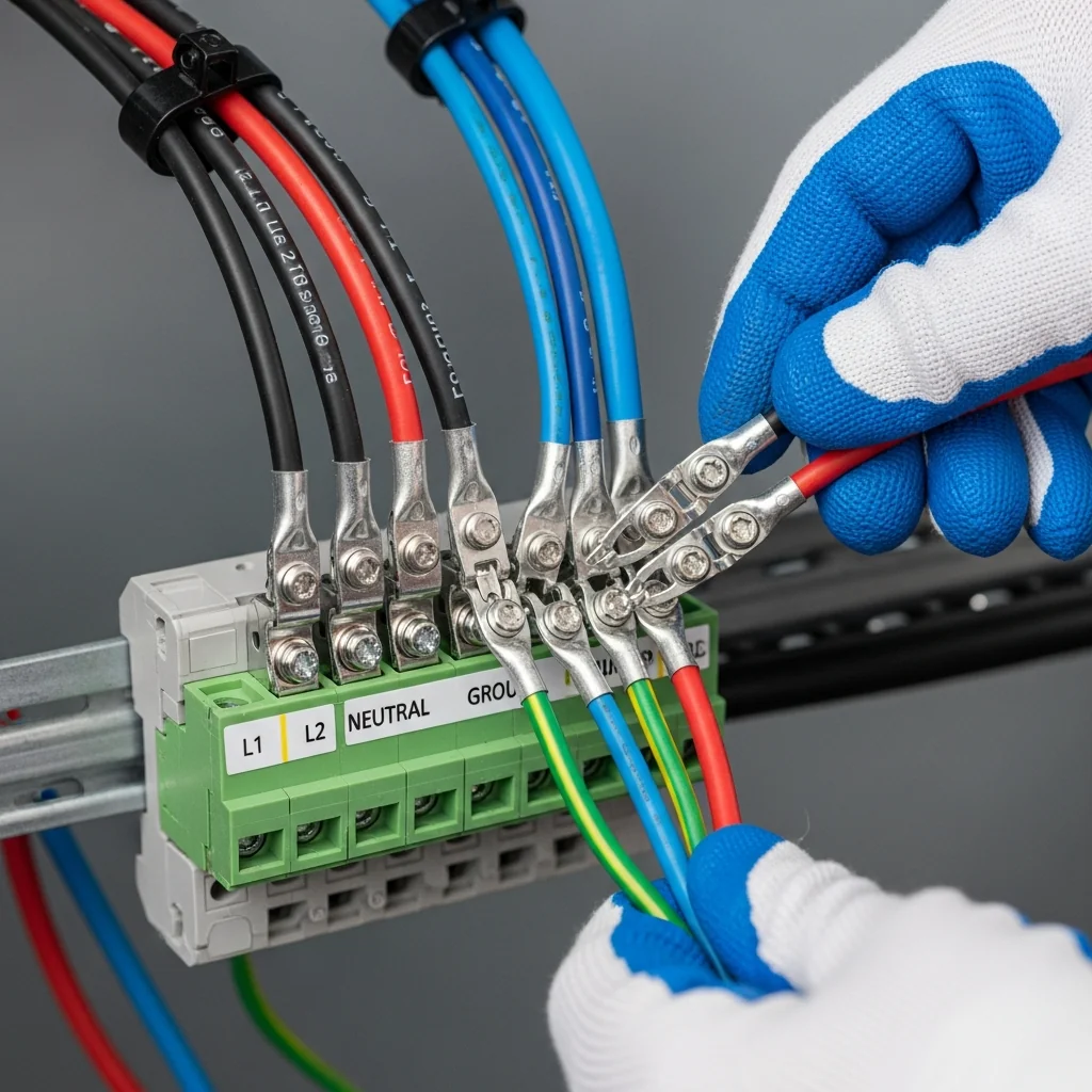 Raccordement électrique professionnel d'une borne de recharge - câblage et cosses